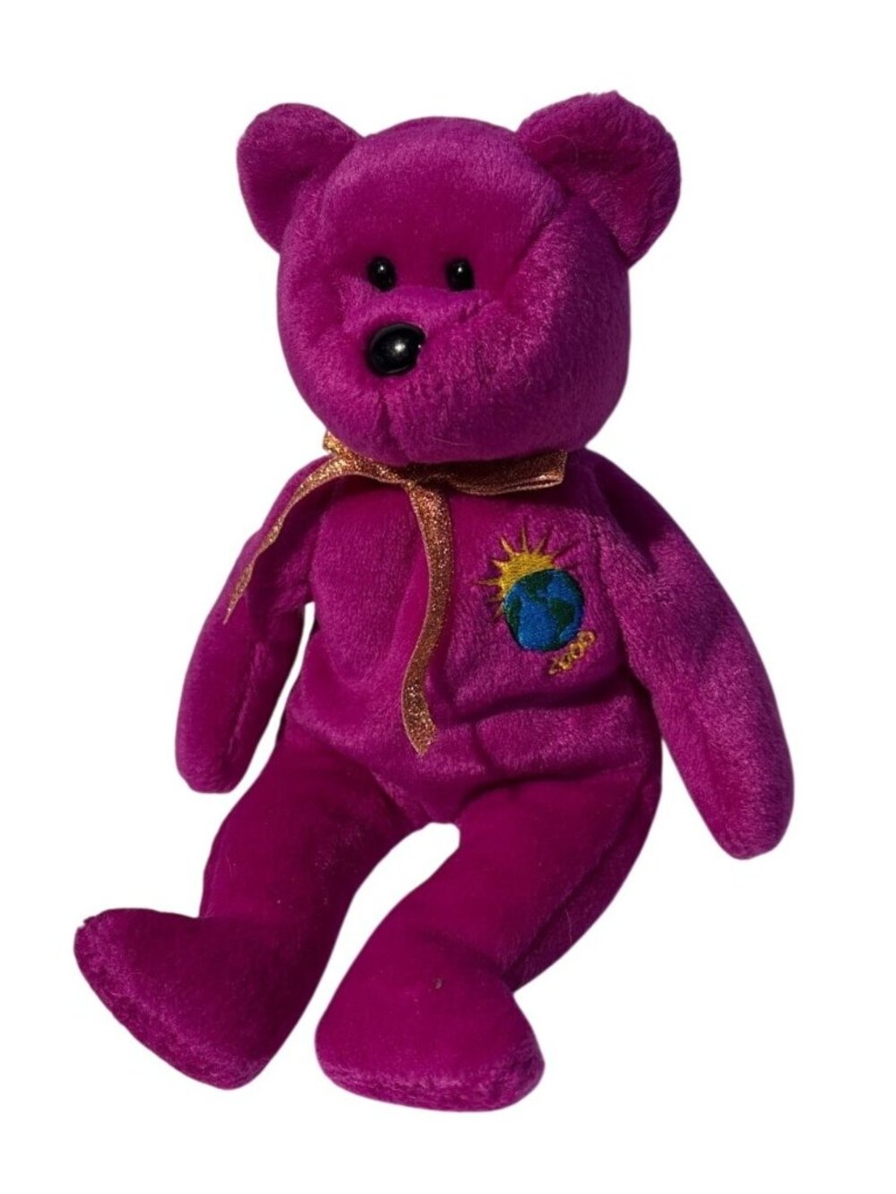 Ty Beanie Babies 1999 Millenium Purple Plush Gold Ribbon Embroidery Globe Logo
